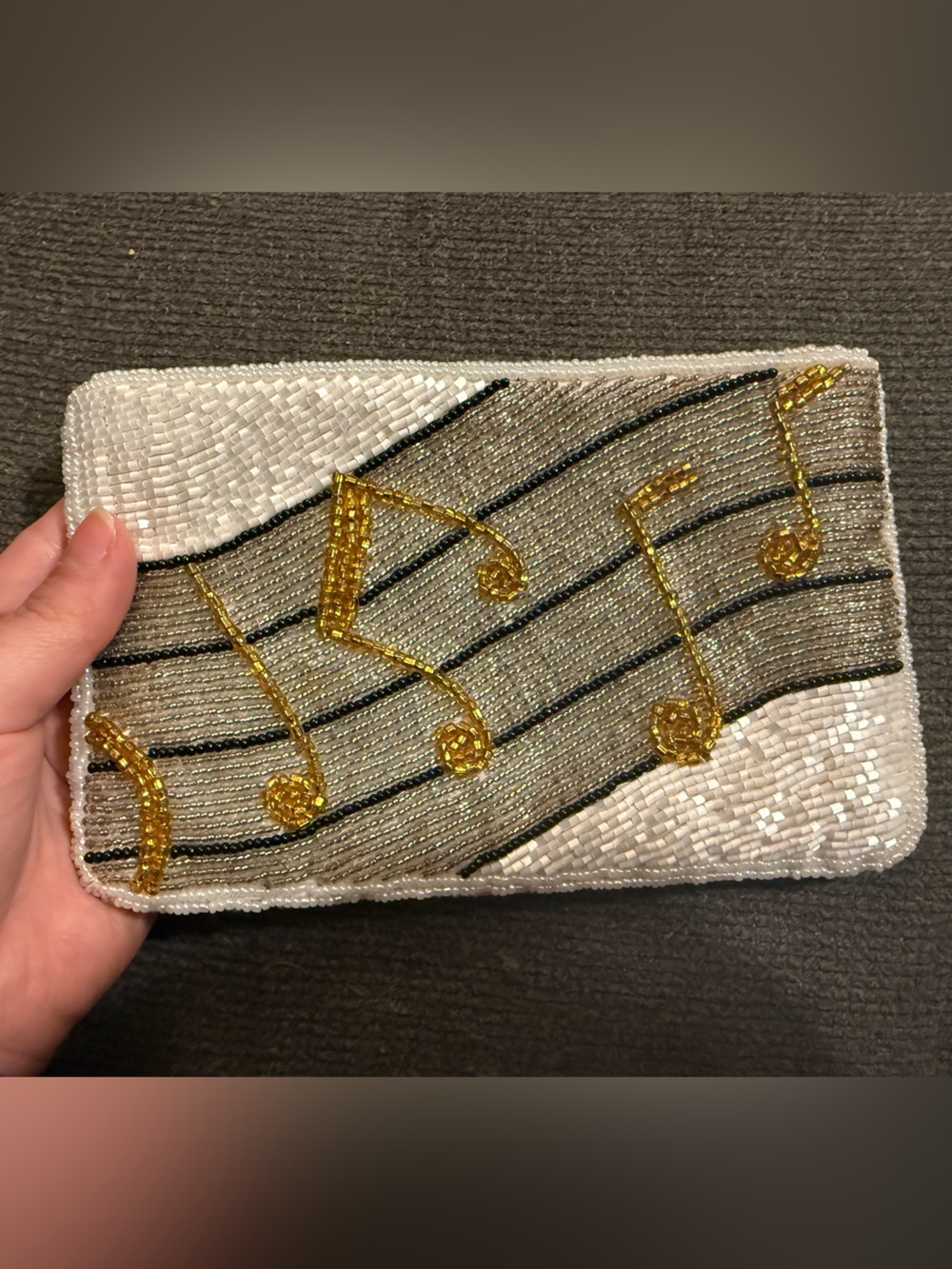 Beaded Musical Notes Bag- White & Gold